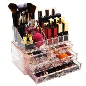 Jewelry and Cosmetic Boxes with Brush Holder - Pink Diamond Pattern Storage Display Cube Including 4 Drawers and 2 Pieces Set